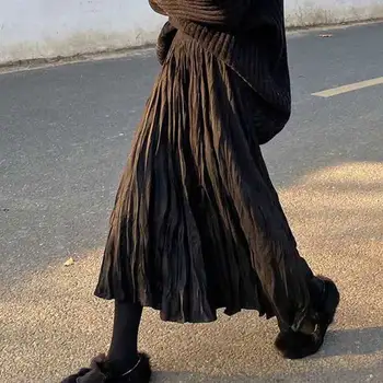 Ilgai Midi Sijonas Moterims Rudenį Raukšlėta, Klostuotas Sijonas Juoda Balta Korėjos Stiliaus Atsitiktinis High Waisted-Line Ilgi Sijonai, Streetwear