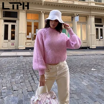 LTPH korėjos mados rožinė megztiniai moterims, žibintų rankovės minkštas, šiltas megzti džemperis negabaritinių laisvi O-Kaklo puloveriai 2021autumn naujas