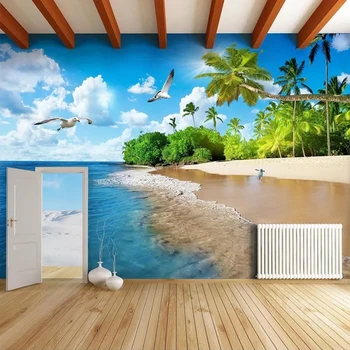 Pasirinktinis Dydis 3D Sienos Tapetai, Freskos Sea View Beach Kokoso Medžio Fotografijos Fone Sienų Freskomis Foto tapetų Kambarį