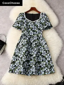 Elegantiškas Moteris, Vasaros Mados Gėlių Žakardo Suknelės 2022 Dizaineris Perlai Duobute Sequare Apykaklės Mielas Mini Suknelė Gimtadienio
