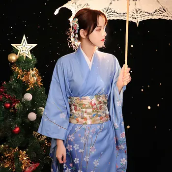 Moterų Japonijos Tradicinių Kimono Mėlynos Spalvos Gėlių Spaudinių ilgomis Rankovėmis Oficialų Yukata Suknelė Cosplay Dėvėti Scenos Drabužiai