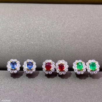 Remti aptikimo 925 sterlingas sidabro inkrustacijos natūralaus safyro rubinas smaragdas ponios auskarai ovalo formos briaunuotas 3 spalvos pasirinktinai fa