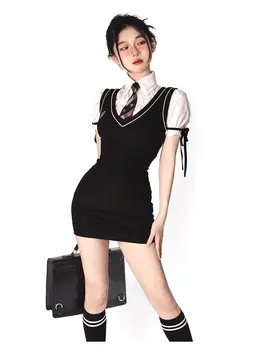Japonijos Korėjiečių Office Lady Apranga Kawaii Sleveless Trumpas Megztas Megztinis 2 Piece Suknelė Nustatyti Harajuku Slim Mini Punk Dress Kostiumai