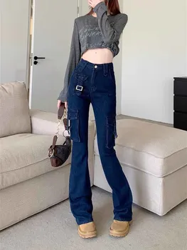 Mados Streetwear Moterų Džinsų Kišenėje Aukštos Juosmens Džinsai Korėjos Atsitiktinis Tiesiai Harajuku Džinsinio Audinio Kelnės Baggy Naujų Krovinių Kelnės