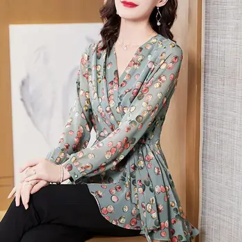 Atspausdintas Šifono Moterų Marškinėliai Vasarą Naujų 2021 V-Neck Slim Velniop Ilgomis Rankovėmis Elegantiškas Office Lady Išsitraukia Outwear Viršūnės