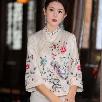 Naujas Siuvinėjimo Kinų Stiliaus Tang Kostiumas Palaidinė Stovėti Apykaklės Hanfu Moterų Etninės Harajuku Vintage Red Viršūnes Moterų Elegantiškas 2022 4XL