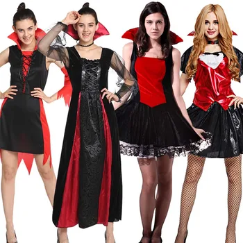 Halloween Kostiumai Moterims Vampyro Kostiumas Pridedamas galvos Apdangalai, Chalatai Raudona Juoda Deluxe Demonas Kalėdų Suknelė