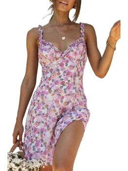 2021 Moterų Vasaros Flounce Suspender Suknelė Mados Gėlių Backless Aukšto Juosmens-line Padalinta Trumpą Suknelę