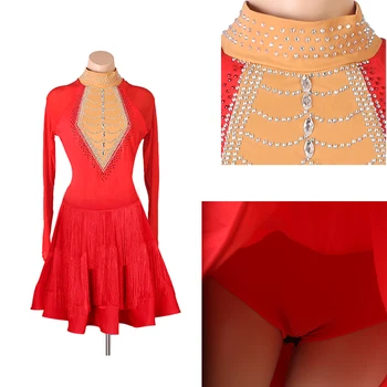 Nauja Raudona lotynų Šokių Suknelė Kutas Kristalų / Strazdų Moterų Mokymo rezultatai ilgomis Rankovėmis Chinlon