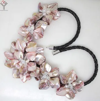 Moterų Papuošalai gamtos perlas kristalų šviesiai rausvos, violetinės gėlės 5 pakabukas shell motina perlų karoliai juodos odos 18