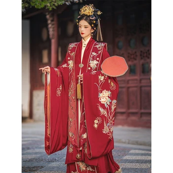 LiuYanXiLeng Tradicinę Kinų Ming Dinastijos Išsiuvinėti Apsiaustu XiaPi Nuotaka Raudona Vestuvių Hanfu Moterys Šalis Kostiumas Suknelė Rinkinys