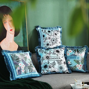 45x45cm sielovados mėlyna žiedų pagalvėlė padengti kutas aksomo užvalkalas sofa-dekoratyvinis prabangių gėlių pagalvę padengti atlošas