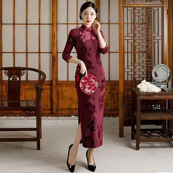 Naujas Kinijos Pagerėjo Seksualus Slim Cheongsam Suknelė Moterims Retro Qipao Nacionalinė Gėlė Aksomo Suknelė Vakare Šalis Suknelė Vestido HS58