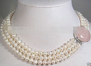 Žavinga 3 eilėmis 7-8mm akoya balta perlų vėrinį 17-19inch