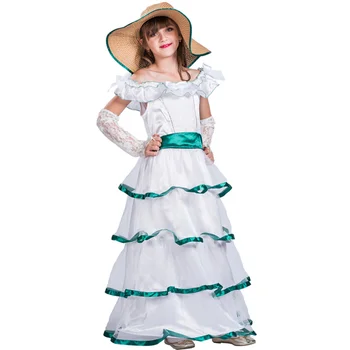 Balta Pietų Belle Kostiumas Suknelė Mergaitėms Karnavalas Princesė Cosplay Nėrinių Sluoksnio Ilgos Suknelės Prom Šalis Skrybėlę Viduramžių