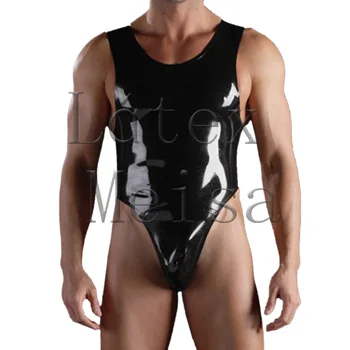 Vyriški latekso maudymosi kostiumėlį padalinta pusėje Fetišas jumpsuit be užtrauktukas spalva juoda