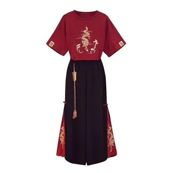 2022 Naujas Japonų Harajuku Tee Viršūnes Kinų Stiliaus Tang Kostiumas Moterims Atsitiktinis marškinėliai Plati, Kojos Kung Fu Kelnes Nustatyti Rytietiškų Drabužių