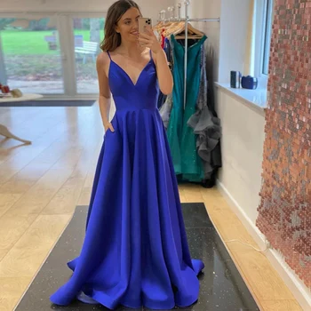 2022 Royal Blue Suknelės Paprasta Sexy V Kaklo Moterų Oficialų Varčios linijos, Satino Prom Šalis Suknelė Kišenės Užsakymą Spalva