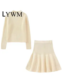 LYWM Moterų Mados 2 dalių Komplektas Kietų Megztinis & Vintage Aukštos Elastinga Juosmens Mini Sijonas Elegantiškos Ledi Moterų Sijonai Rinkinys