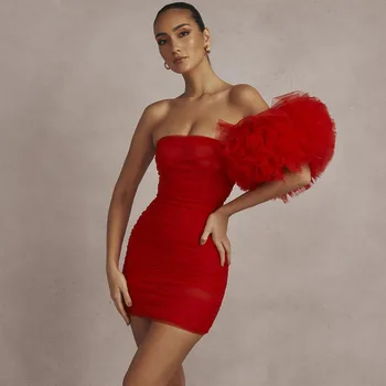 Elegantiškas Raudonas Moterų Mados Mini Suknelė Moterų Nauja Sluoksniuotos Rankovėmis Plisuotos Seksualus Stebėjimo Vakare Šalis Suknelės