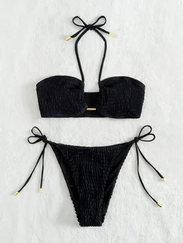 Dviejų Dalių Bikini Kietos Metalinės Sagties Pusėje Kaklaraištis Tekstūros Maudymosi Kostiumėlį 2022 Seksualus Paplūdimio Moterų Maudymosi Kostiumėliai, Derliaus Maudymosi Kostiumas