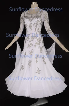 moterų sportinių šokių suknelė konkurencijos suknelės balus valsas suknelės baltos spalvos suknelė ilgomis rankovėmis, su sparnais