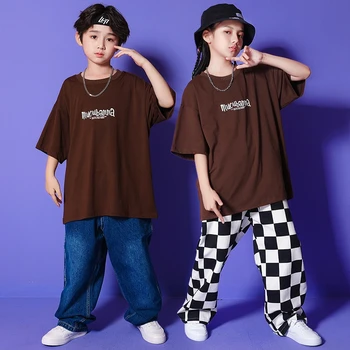 Vaikams Hip Hop Drabužių Kpop Šokių Kostiumai Grafiti Marškinėlius Streetwear Džinsinio Audinio Kelnės Girl Berniukas Koncertas, Džiazo Šokio Kostiumas