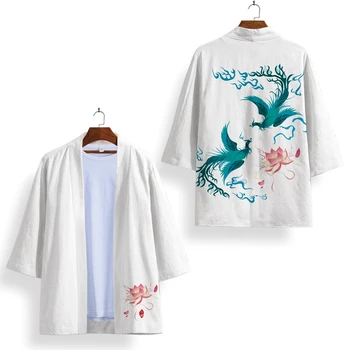 Vyrų, Moterų Yukata Megztinis Ir Kelnės Nustatyti, Japonų Tradicinė Balta Phoenix Spausdinti Kimono Cosplay Haori Samurajų Apranga
