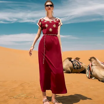 Suknelės Moterims 2022 M. Vasarą Kalnų Krištolas Satino Juosta Apdaila Juostinės Kaftan Trumpas Rankovės Atsitiktinis Palaidų Arabų Dubajus Maroko Caftan Skraiste