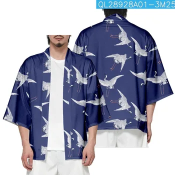 Vasarą Laisvas Japonijos Mados Krano Spausdinti Kimono Streetwear Cardigan Drabužius, Moterims, Vyrams Haori Viršuje Yukata