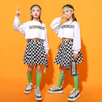 Vaikas Kpop Hip-Hop Drabužių Balta Pasėlių Viršuje Long Sleeve T Shirt Streetwear Languotas Sijonas Mini Girl Džiazo Šokio Kostiumų Drabužiai