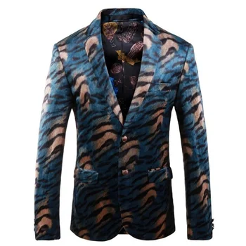 Leopard kostiumas mens striukė skaitmeninis spausdinimas pavasario rudens mados mėlyna vienos eilės du mygtukai drabužių terno masculino sportiniai švarkai (bleizeriai)