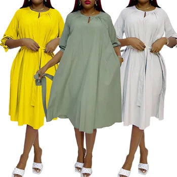 Vientisos Spalvos 2022 Afrikos Suknelės Moterims Abaja Musulmonų Pusė Rankovės Laisvi Vasarą, O-kaklo Suknelė Plius Dydis Afrikos Drabužius Su Diržu