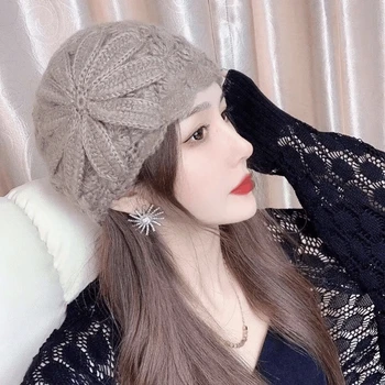 Japonijos Moterų Megzti Skrybėlę Rudens Ir Žiemos Rankų Darbo Gėlės Šiltą Kepurę Mergina Mados Studentų Laisvalaikio Nėščia Moteris Skrybėlę Chaki