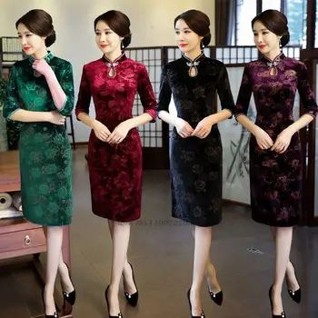 2022 kinijos derliaus qipao aksomo suknelė moterims tradicinių gėlių spausdinti pagerinti qipao orientale šviesą grąžinantys šalis ir banketų cheongsam