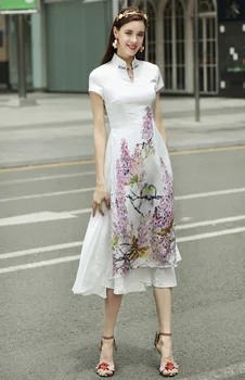 Spausdinti Gėlių Vasaros Atostogų Šalis Elegantiškas Ao dai Azijos Stiliaus Suknelė