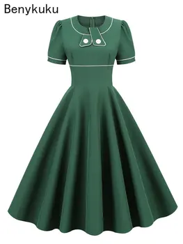 Retro Trumpas Rankovės Lankas Kaklo Derliaus Swing Suknelė Žalia Elegantiškas Ilgas Suknelės Moterims 2022 M. Rudens Apdaras Aukšto Juosmens Šalis Suknelė