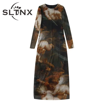 SLTNX Suknelės Moterims 2022 M. Vasarą 3D Spausdinimo ilgomis Rankovėmis Moteriška Suknelė Elegantiškas, Prašmatnus Atsitiktinis Grenadine Šalies Ilgos Suknelės